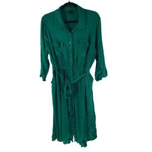 Torrid Shirt Dress Button Front Belted Collar 3/4 Sleeve Stretch Green 1X